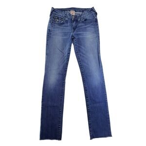 True Religion Jeans Women 27 Blue Crystal Embellished Raw Hem Straight